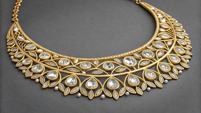 Intricate gold necklace adorned with clear gemstones and leaf motifs
