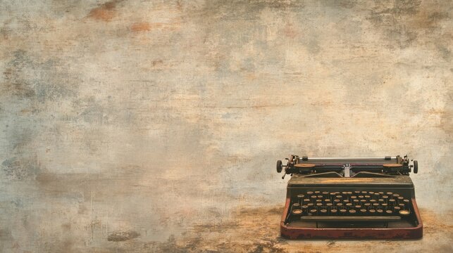 Vintage mechanical typewriter rests alone against a muted textured background suggesting forgotten stories or classic literature concepts ready for creation.