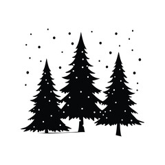 Obraz premium snow falling on pine trees silhouette vector illustration, Silhouette of three pine trees with snowflakes falling, vector illustration design