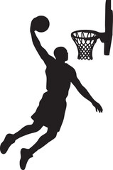 Obraz premium Dynamic silhouette of a basketball player performing a powerful dunk, showcasing athletic skill and energy
