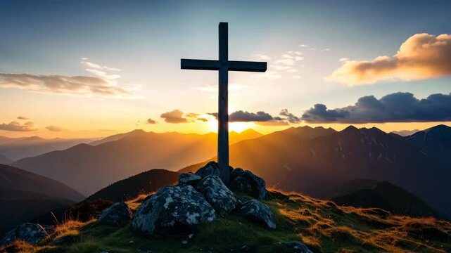 Wooden cross on a rocky mountain top at sunrise with golden sunlight shining over distant peaks