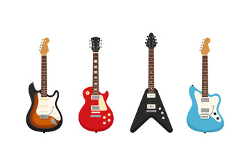 Fototapeta premium Collection of four distinct electric guitars in various colors and styles