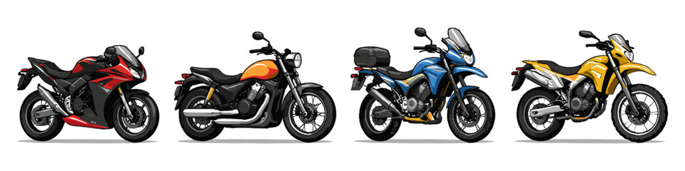Collection of four diverse motorcycles displayed side by side on a white background