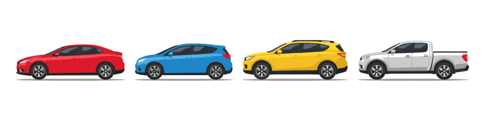 Fototapeta premium Diverse collection of modern vehicles in vibrant colors displayed side by side