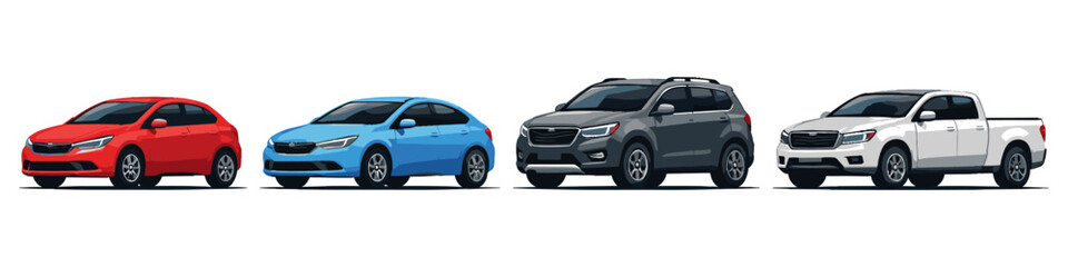 Obraz premium Diverse collection of modern cars including sedan, hatchback, SUV, and pickup truck