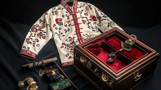 reconsidering. An intricately embroidered silk robe laid flat on a dark sandalwood bed with gold and jade accessories nearby. event programs.