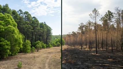 Fototapeta premium A side-by-side comparison of a healthy green forest and a burnt, charred forest area, illustrating the impact of wildfire damage.