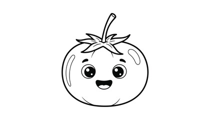 Obraz premium Adorable cartoon tomato character with a big happy smile and sparkling eyes in a black and white line drawing.