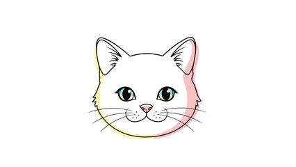 Fototapeta premium Simple and sweet illustration of a white cat head with large blue eyes and a soft colorful glow in minimalist line art.