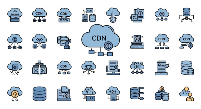 Cloud computing and cdn technology icons set for digital communications