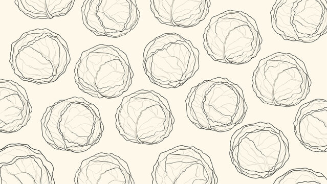 Seamless background pattern of realistic cabbage heads arranged on a light cream surface for culinary themes.