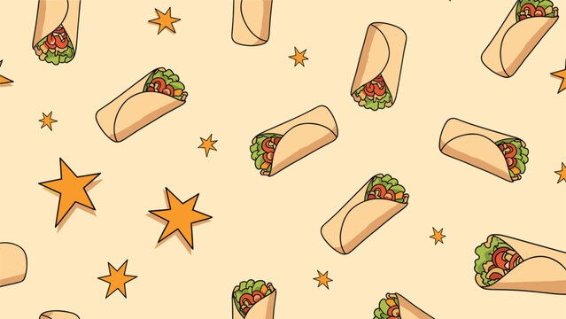 Delicious seamless pattern of burritos or wraps and orange stars on a soft yellow colored background.