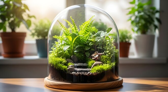 A serene glass terrarium with lush green plants on a wooden table