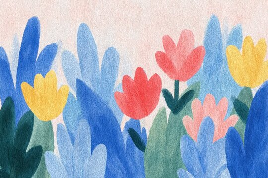 A painting of colorful tulips on a pink background. the tulips are painted in a variety of colors, including red, yellow, and blue, and are arranged in a symmetrical pattern. the petals of the tul