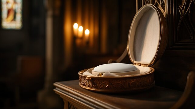 pyx. Open pyx containing white communion wafer on altar, illuminated by candlelight, still composition. event programs, museum guides, designed for cultural heritage projects and event programs.