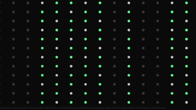 Grid of Emerald Green and Silver Dots Animating in Precise Binary Logic with Pulsing Patterns and Structured Electronic Flow Featuring Clean LED Pulsing Effect Effect