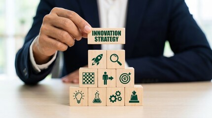 Innovation strategy, business growth, success concept, planning, leadership, development, corporate businessman building a pyramid of wooden blocks with icons for strategic goals.