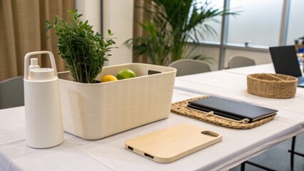 Fototapeta premium A modern workspace setup with a white tablecloth, a plant and fruit basket, a water bottle, a tablet, and a wooden cutting board on a clean table.