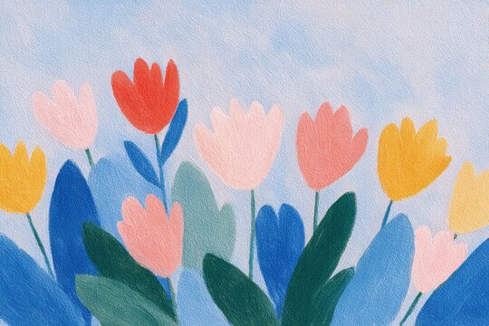 A painting of colorful tulips on a blue background. the tulips are painted in a variety of colors, including red, yellow, and pink, and are surrounded by lush green leaves. the sky is a deep blue,