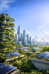 Fototapeta premium Sustainable city with vertical gardens, solar roofs and wind turbines