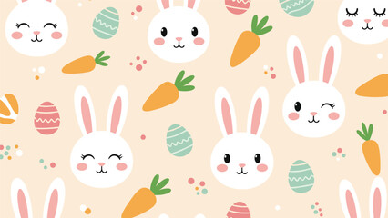 Fototapeta premium Delightful Easter pattern featuring cute white rabbit faces, colorful decorated eggs, and orange carrots on peach.