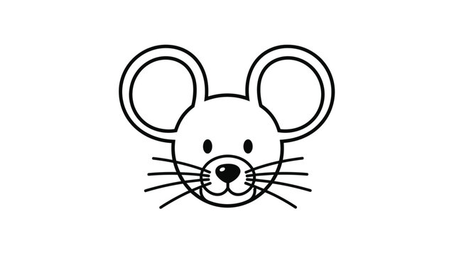 Simple and clean black outline illustration of a cute mouse face with large ears and long whiskers on white background.