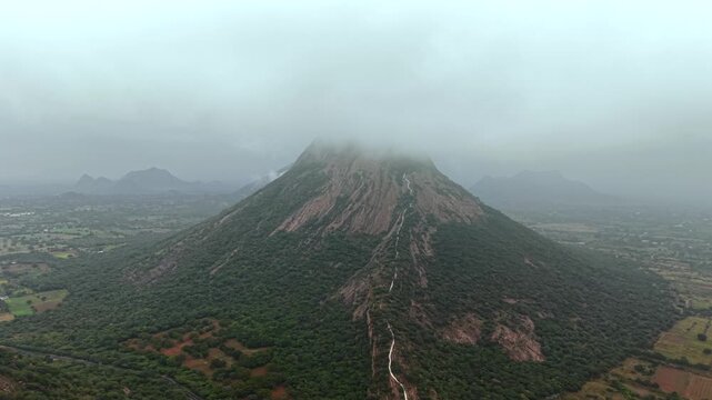 Aerial View of Kondarangi Hills with Rocky Peak and Clouds in Dindigul Tamil Nadu