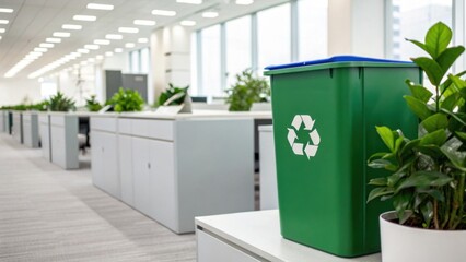 A green recycling bin with a white recycling symbol sits in a modern office space decorated with plants near workstations. © Johnnii
