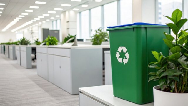 A green recycling bin with a white recycling symbol sits in a modern office space decorated with plants near workstations.