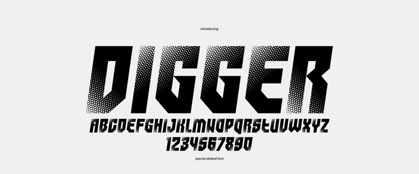 Halftone dotted geometric brutal and bold typeface for logos and posters, vector urban industrial font, modern display typography in cyberpunk futuristic style, italic version.