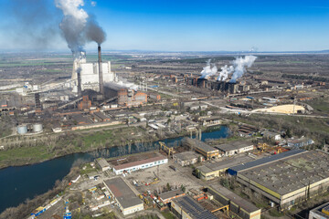 Aerial view of thermal power plant in Eastern Europe, Stara Zagora Region, Bulgaria
