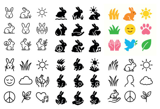 Nature icons with rabbit leaf and sun flat colorful