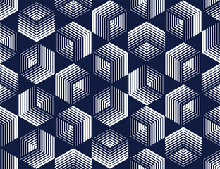 Plakat Cubes seamless pattern, abstract 3D optic background, trippy isometric linear polygon endless wallpaper, surreal effect black and white tiling pattern.