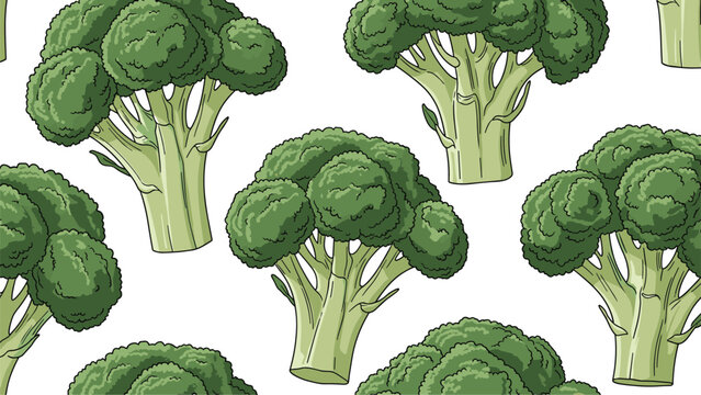 Fresh green broccoli heads form a healthy seamless pattern on a white background for nutrition and cooking themes.