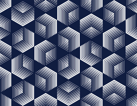 Cubes seamless pattern, abstract 3D optic background, trippy isometric linear polygon endless wallpaper, surreal effect black and white tiling pattern.