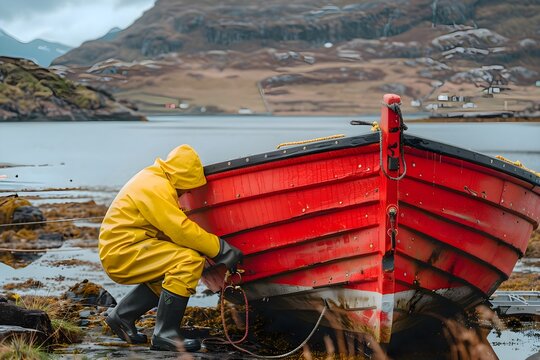 Person in Yellow Raincoat on Red Boat
