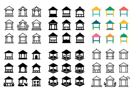 Garden pavilion icons with gazebo pergola outline