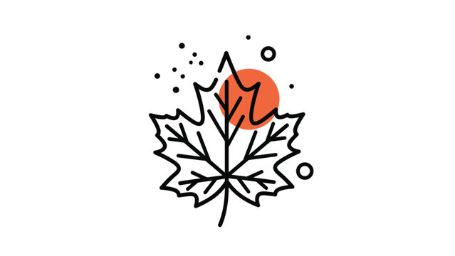 Black outline of a maple leaf with a red sun behind it and decorative dots creates a simple autumnal graphic for nature.
