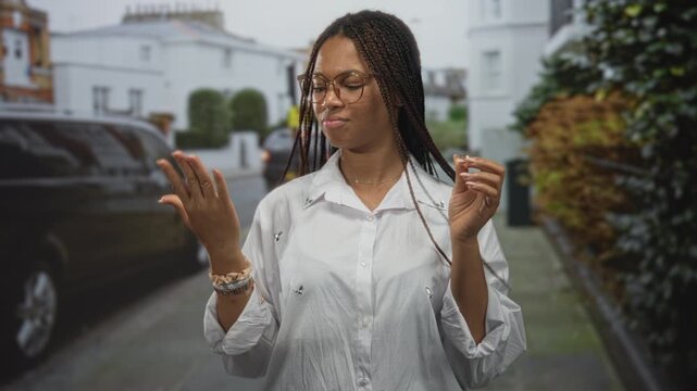 Young african american woman holding a small ring between fingers and pointing index finger on a residential street; determination.