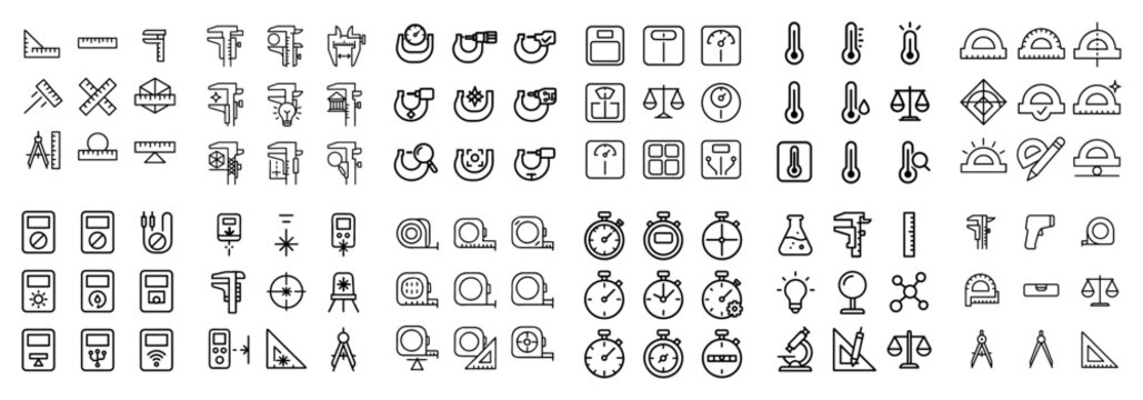 Science icons with rulers calipers protractors outline