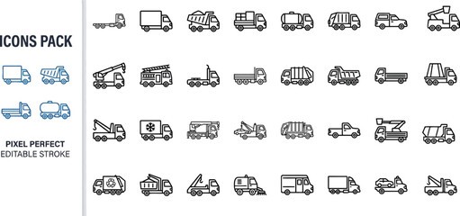 Truck and Delivery Vehicle Outline Vector Icon Set — Transport, Cargo, Construction, Utility Editable Stroke Icons © Pixel_Forge