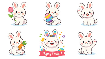 Obraz premium Cute Easter Bunny Character Set Adorable Rabbit With Egg Carrot And Happy Easter Cartoon Vector Collection