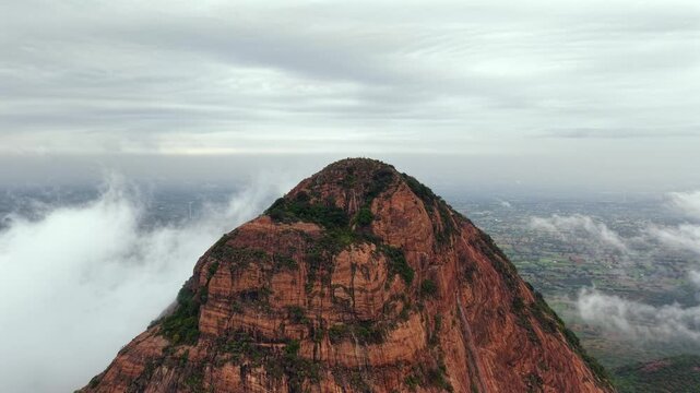 Aerial View of Kondarangi Hills with Rocky Peak and Clouds in Dindigul Tamil Nadu
