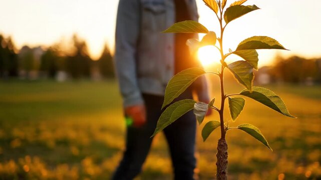 Hopeful plant thrives golden sunlight, symbolizing new life, environmental care. Person observes vast nature field, inspiring bright future