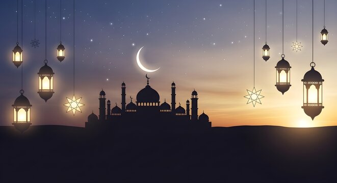 Silhouette of a mosque with lanterns and crescent moon against a twilight sky