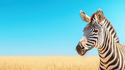 Fototapeta premium Zebra Side profile of a zebra with tall grass in the background under a bright blue sky.