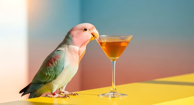 A colorful parrot drinking from a cocktail glass on a yellow table