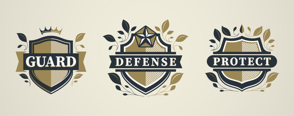 Heraldic shield symbol representing protection set, security reliability, inspired by defense systems, safety services and trust-based organizations.