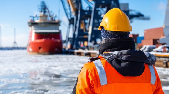 Technician in Winter Safety Clothing at Harbor with Ice and Industrial Equipment