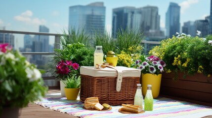 Fototapeta premium Modern Rooftop Picnic Setup with Basket and Blanket Surrounded by Plants
